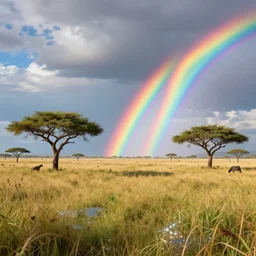 distant cyberpunk wildlife on the african plains, long grass, acacia trees, sparkling water, glistening, dramatic clouds, sunny, rainbow, extreme weather, hyper realistic, hyper detailed, digital art, trending in artstation, cinematic lighting, vibrant, studio quality, smooth render, unreal engine 5 rendered, octane rendered, by jesper ejsing, wlop, paul lehr
