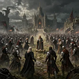 A fancy landscape of a holy battle by Greg Rutkowski, Sung Choi, Mitchell Mohrhauser, Maciej Kuciara, Johnson Ting, Maxim Verehin, Peter Konig, Bloodborne, 8k photorealistic, cinematic lighting, HD, high details, dramatic, dark atmosphere, trending on artstation