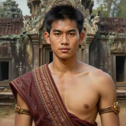 a smart and handsome and beautiful thai male dressed as hunter in armed, close - up portrait, with karen ethnic group traditional costume, ancient khmer ruin in background, intricate, elegant, loin cloth, highly detailed, oil painting, artstation, concept art, matte, sharp focus, illustration, hearthstone, art by earl norem