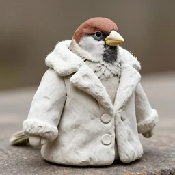 realistic photo of a sparrow dressed in a fur coat, made of white clay 1 9 6 0, life magazine photo, natural colors, metropolitan museum, kodak