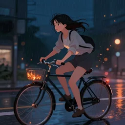 a beautiful illustration of a woman riding a bicycle in a rainy night, fiery particles, anime aesthetic, midnight theme, depth of field, bokeh, composition study, featured on artstation, by ilya kuvshinov, vertical orientation