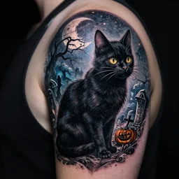 black cat in graveyard at midnight halloween tattoo on shoulder by anton pieck, intricate, extremely detailed, digital painting, artstation concept art