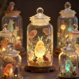 collection of tiny creatures in jars, warm tones, bioluminescent bioluminescent translucent translucent : : by michal karcz, daniel merriam, victo ngai and guillermo del toro : : ornate, dynamic, particulate, intricate, elegant, highly detailed, centered, artstation, smooth, sharp focus, octane render, 3 d