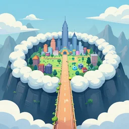 way to the beautiful city in a ring of mountains, side-scrolling 2d platformer game level, swirling clouds, fantasy magical vegetation, dramatic dusk sun illuminates areas, volumetric light , detailed, rich color, upscale, fantasy, 8k