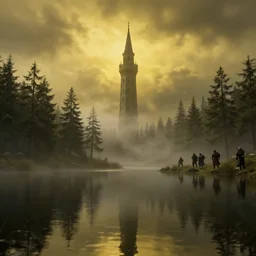 a tower emerging from a lake, fog, fir trees, dramatic atmosphere, gloomy, yellow light in the clouds, medieval adventurers in lord of the rings scenery landscape, reflections, highly detailed, cinematic lighting, perfect composition, 4 k, gustave dore, derek zabrocki, greg rutkowski, belsinski, octane render