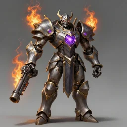 a highly detailed illustration of fantasy cyber knight with machine gun arms, with flaming plume, rigid bulky armor, purple glowing core in armor, dramatic standing pose, intricate, elegant, highly detailed, centered, digital painting, artstation, concept art, smooth, sharp focus, league of legends concept art, WLOP