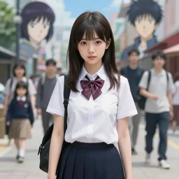 a cute girl wearing school uniform standing in the city | | very very anime!!!, fine - face, realistic shaded perfect face, fine details, anime, realistic shaded lighting, poster by ilya kuvshinov katsuhiro otomo ghost - in - the - shell, magali villeneuve, artgerm, jeremy lipkin and michael garmash and rob reyt