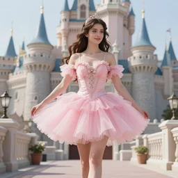 brunette fairy woman wearing pink romantic tutu walking in a castle, medium shot, fantasy art, highly detailed, sharp focus, elegant, beautiful, amazing, astonishing, marvelous, incredible, trending on pixiv, anime art, by anton pieck