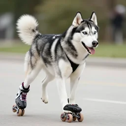 A husky wearing rollarblades