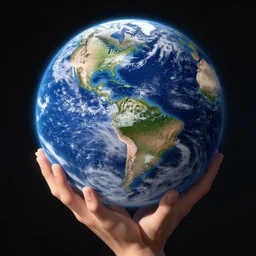 a photograph of a massive hand holding the earth from space