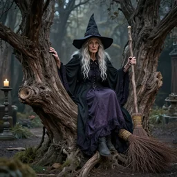 an old witch sitting on an ancient luxurious oak broom