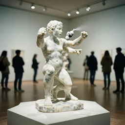 1 0 0 % of people need to be more anxious, a marble sculpture by diuq s, a picture of deadly intent. a mixture of chlorine and sarin gas is released into the gallery, on the hour every hour. the visitors are advised that this artwork must not be engaged with. 3 5 mm film, studio lighting, museum setting, perfect focus