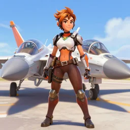 A beautiful portrait of Tracer from Overwatch standing next to a fighter jet, long shot, realistic, highly detailed, by Stanley Artgerm Lau, WLOP, and Rossdraws, digtial painting, orange and blue color scheme, trending on ArtStation