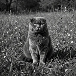 dark grey monotone scottish fold sitting in the middle of sunny meadow, by  Max Beckmann