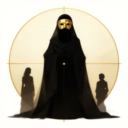 a silhouette dressed with a shroud wearing a golden mask, by jean delville and sophie anderson and mandy jurgens, golden ratio, perfect composition, elegant, no crop, extremely detailed, hd, masterpiece, artstation
