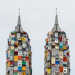two towers made up of colourful makeshift squatter housing, hasselblad x 1 d, uniform plain sky at the back, fully frontal view, very detailed, ultra sharp, photographed by ansel adams and jeanette hagglund