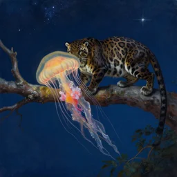 a realistic oil painting of a jellyfish panther hunting on a tree branch, at night with a sky full of stars, highly detailed, trending on artstation, by james gurney and michael whelan and krenz cushart and alphonse mucha