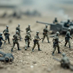 photo of tiny soldiers during a war, 35mm
