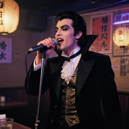 photograph of dracula singing karaoke in a japanese bar in the 9 0 s