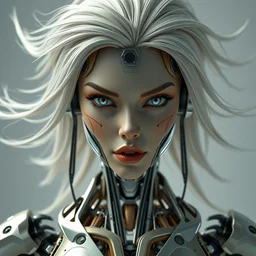 perfectly centered portrait, front view of a beautiful biomechanical android robot super model female, flowing hair, intense stare, sarcastic smile, symmetrical, concept art, intricate detail, volumetric shadows and lighting, realistic glass sculpture, octane render, unreal engine