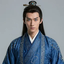 male martial artist with a manchu hairstyle!!!! asian facial features and blue eyes!! intricate ornate blue robes!! character concept art, sharp focus, octane render! unreal engine 5! highly rendered!! trending on artstation!! detailed linework!! illustration by artgerm, wlop, and chie yoshii