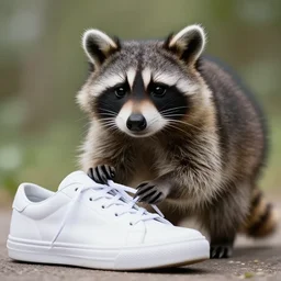 a cute raccoon and a white sneaker shoe with its laces undone, highly detailed, hyperrealistic, award winning, national geographic wildlife photo, bokeh, 5 0 mm f 1. 4, soft lighting