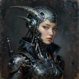cinematic bust portrait of a Japanese female cyberpunk hacker, head and chest only, exotic alien features, grunge, noir, low-key, glowing lights, robot parts, Tim Hildebrandt, Wayne Barlowe, Bruce Pennington, donato giancola, larry elmore, oil on canvas, masterpiece, trending on artstation, featured on pixiv, cinematic composition, dramatic pose, beautiful lighting, sharp, details, hyper-detailed, HD, HDR, 4K, 8K