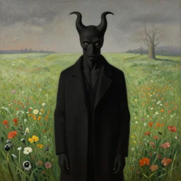 black satan looking at you at distance in beautiful meadow of flowers, detailed painting by rene magritte