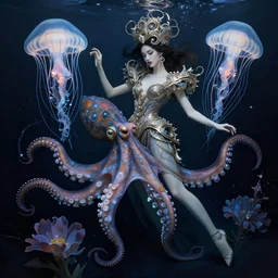 underwater fashion photography of absurdly beautiful, graceful, elegant, sophisticated, fashionable gravure idol, an ultrafine hyperdetailed illustration by irakli nadar in style of zena holloway in symbiosis with an octopus and a jellyfish, intricate and ornate alien technology, bioluminescence, bloom, dim rim lighting, by victor grasso