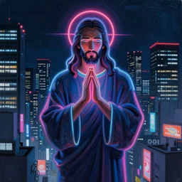 a painting of neon jesus they prayed in the dark city of tokyo, cyberpunk, wideangle camera