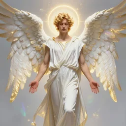 fullbody portrait of a beautiful young fit male angel with curly blond hairs, serene face, showing palms, dressed with long fluent clothes, majestic symmetrical eagle wings, luminous halo, by greg rutkowski and alphonse mucha, gradient white to gold, in front of an iridescent background, highly detailed portrait, digital painting, artstation, concept art, smooth, sharp focus illustration