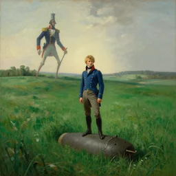 painting by caspar david friedrich of a french russian green steppe with a waifish blond napoleonic young man wearing a blue jacket standing on a landmine!!!!!!!!!! mine!!!!!! in the distance, a looming giant, spindly count dressed in an old uniform with a saber and crooked limbs in a lush green field. lonely!
