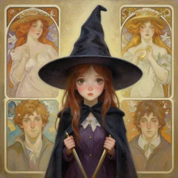 cute witch apprentice with a pointy hat, 4 k oil on linen by wlop, artgerm, andrei riabovitchev, nuri iyem, james gurney, james jean, greg rutkowski, alphonse mucha, highly detailed, soft lighting 8 k resolution