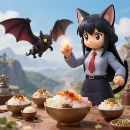 4 5 mm 1 9 9 7 cooking food photography of an corporate mascot at a mountain summoning an anime demon bat aspic catgirl, photography by tyler mitchell johfra bosschart