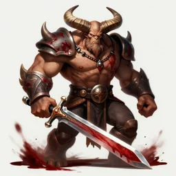 mutant man with sword, fantasy boss, dramatic illustration, muscular character, a lot of blood, huge horns, digital art, artstation