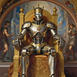 beautifully painted mural of a mechanical cyborg king in ornate royal metallic fabric sitting in his royal throne room, piercing glowing eyes, sci fi scenery, fantasy, mural in the style of sandro botticelli, caravaggio, albrecth durer
