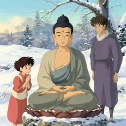 buddhism, winter, in the style of studio ghibli, j. c. leyendecker, greg rutkowski, artem