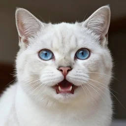 hyper - realistic close up portrait of a happy white cat with blue eyes, photorealism, portrait photography, volumetric lighting, insanely detailed, artstation, 4 k, 8 k