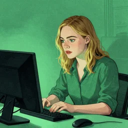 Elle Fanning hacking a computer, dreamscape, dramatic green lighting, ink illustration