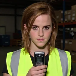 photo, close up, emma watson in a hi vis vest, in warehouse, 2 0 0 8 android cameraphone, low contrast, 2 6 mm,