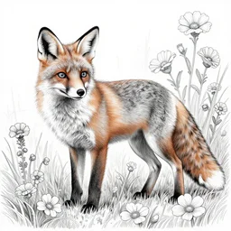 an intricate line drawing of a fox in a meadow, very detailed, tons of flowers, 4 k