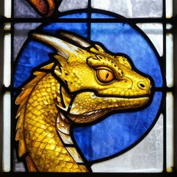 side - view of the head of a yellow dragon lizard, tenth century stained glass window, masterful