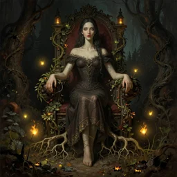 a beautiful digital illustration painting of a detailed gothic fantasy fireflies and roots, throne and vines by giorgio de chirico, and david rios ferreira. 8 k resolution trending on artstation concept art digital illustration