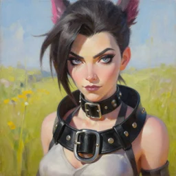 oil painting of goth tracer overwatch in a field wearing very large black leather belt choker collar around neck, in style of mark arian, expressive face, very detailed face, very detailed eyes, full body, feminine face, detailed makeup on eyes, tracer overwatch,