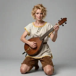 fantasy character, photograph. female bard 1 9. julia garner. pale skin, shortish sandy - blonde hair, messy curls. petite, ectomorphic, wiry. plain, offwhite, shortsleeved tunic yellow trim. kneelength brown shorts. fancy cittern. hot mess, shabby unfeminine peasant clothing, fancy cittern, fancy dagger, pretty face, extremely charismatic.