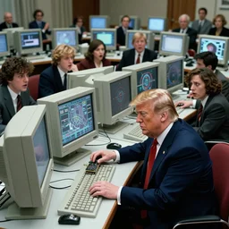 candid color photo of Donald Trump nervously sitting at an enormous bank of very complicated, 1970's looking computers designed by gucci. Donald, exasperated and terrified, is working with his clones to install a new video card without much success.. They are all frustrated at not having gotten the computer working. classic photo for Vanity Fair by annie leibowitz