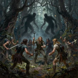 a party of adventurers being attacked by living shadows in a magical forest, oil painting, greg rutkowski