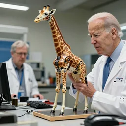 prototype robot giraffe being worked on by one scientists engineer, joe biden.