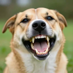 dog with big human teeth smiling