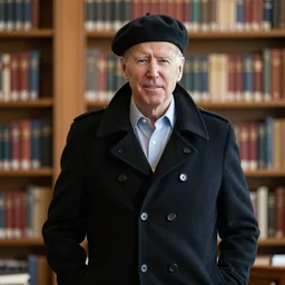 joe biden wearing a black peacoat and a beret, in a library,, dean cornwell